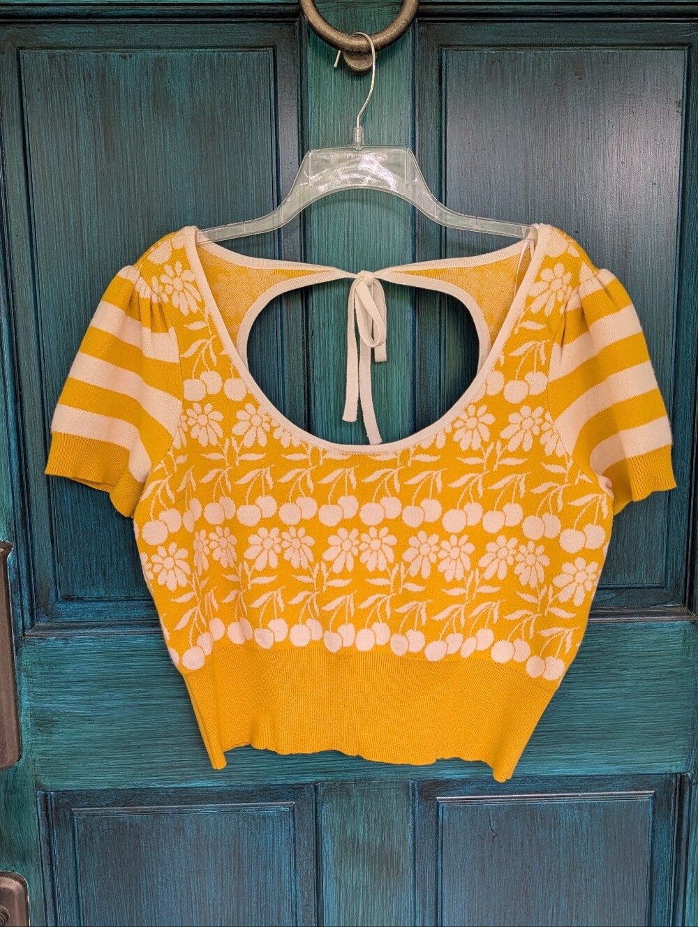 Maeve Anthropologie Yellow Cherry Knit Top Large Cottagecore Retro Sweater Top